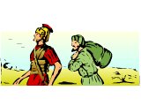 A Roman soldier forcing a man to carry his bag for one mile, as prescribed by law. Jesus referred to this law when he said: Go the extra mile.